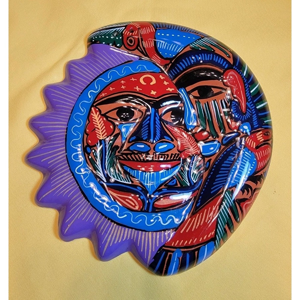 Terracotta 3D Ceramic Wall Art Sun and Moon hand painted Fired Glaze 7.5" wide